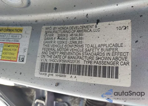 2021 Honda Accord Hybrid Ex-L from USA, damaged, VIN 1HGCV3F59MA023135